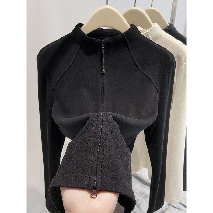 Women's Ribbed Plush Double Zipper Slim-Fit Hoodie: Half-High Collar Autumn/Winter Base Layer Cardigan.