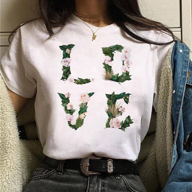 Kawaii Mode Blume Buchstabe Liebe Grafiken Damen T-Shirts 90er Sommer Lockere Blusen O-Ausschnitt Kurzarm Damen Crop Top