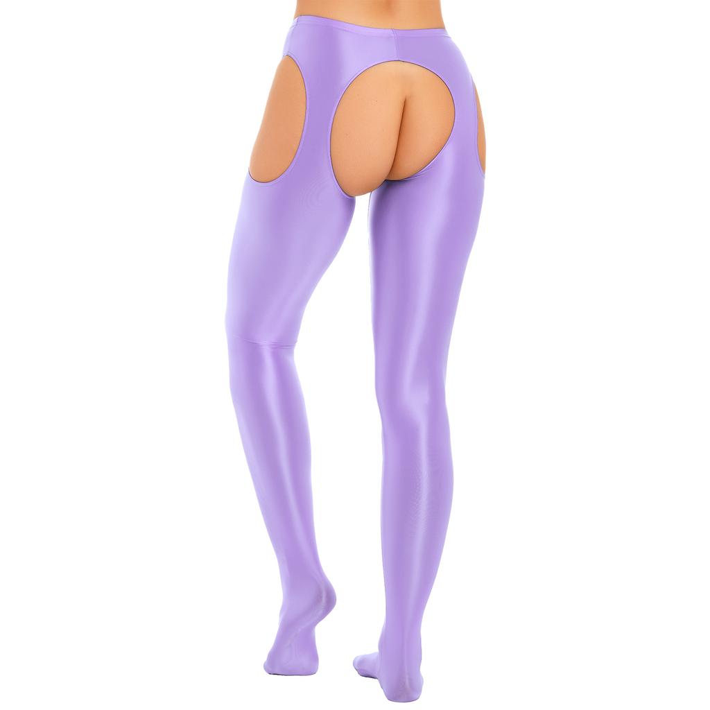 Womens Glossy Cutout Pantyhose Mid Waist Tights Crotchless Design Elastic Waistband Sheer Leggings Skinny Pants