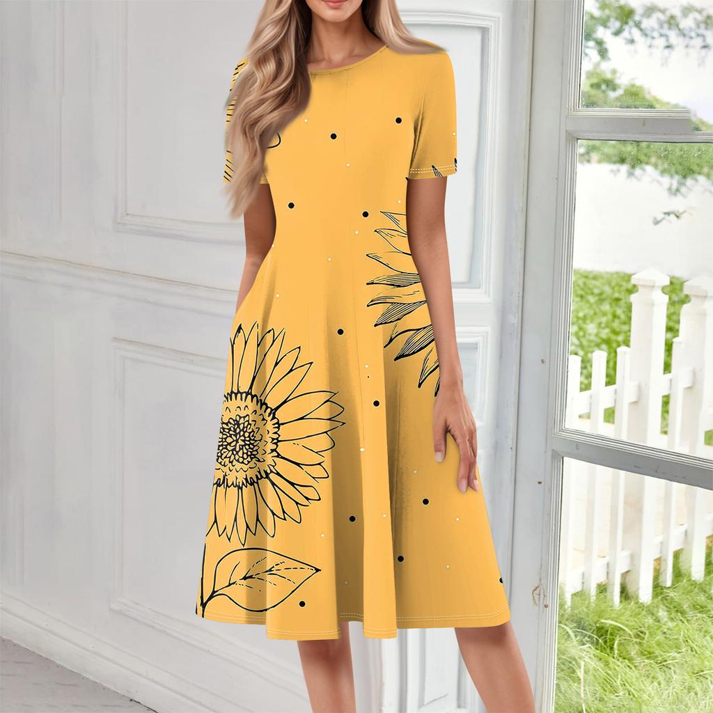 Women Casual Printed Round Neck Long Dress