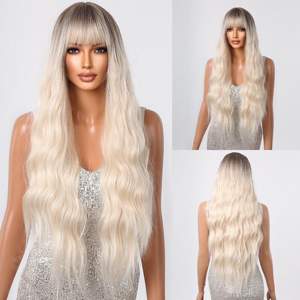 HAIRCUBE Dlouhá vlnitá růžová Ombre syntetická paruka s ofinou Paruka s přírodní linií vlasů pro ženy Cosplay Denní párty vlasy odolné vůči teplu