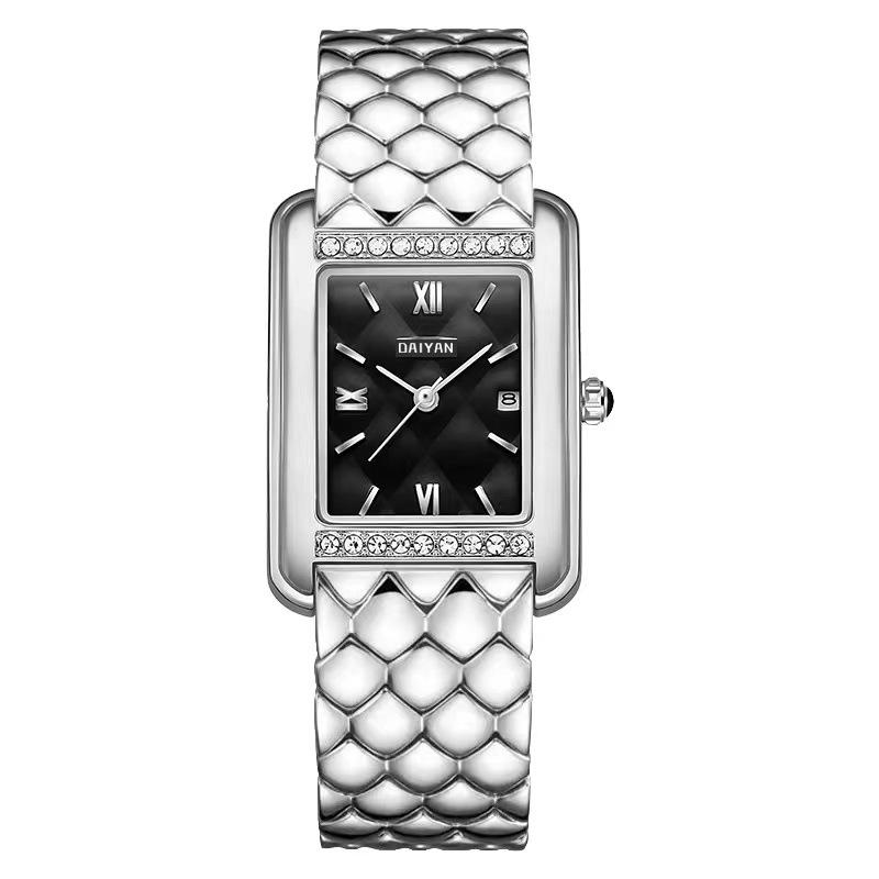 Women Watch Business Diamond Waterproof studded Large Dial Square Steel Strip Calendar Ladies Fashion Quartz Wristwatches