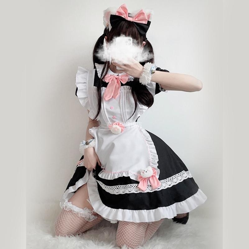 Sweet Maid Outfit Women Anime Maid Costume Fancy Dress Cosplays Costume Maid Dress with Sock Headwear Apron Bustel