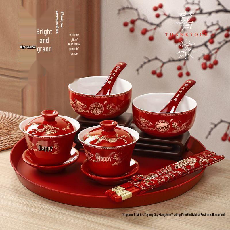 Wedding Tea & Chopstick Set: Red Bowls for Toasting & Happy Celebrations.