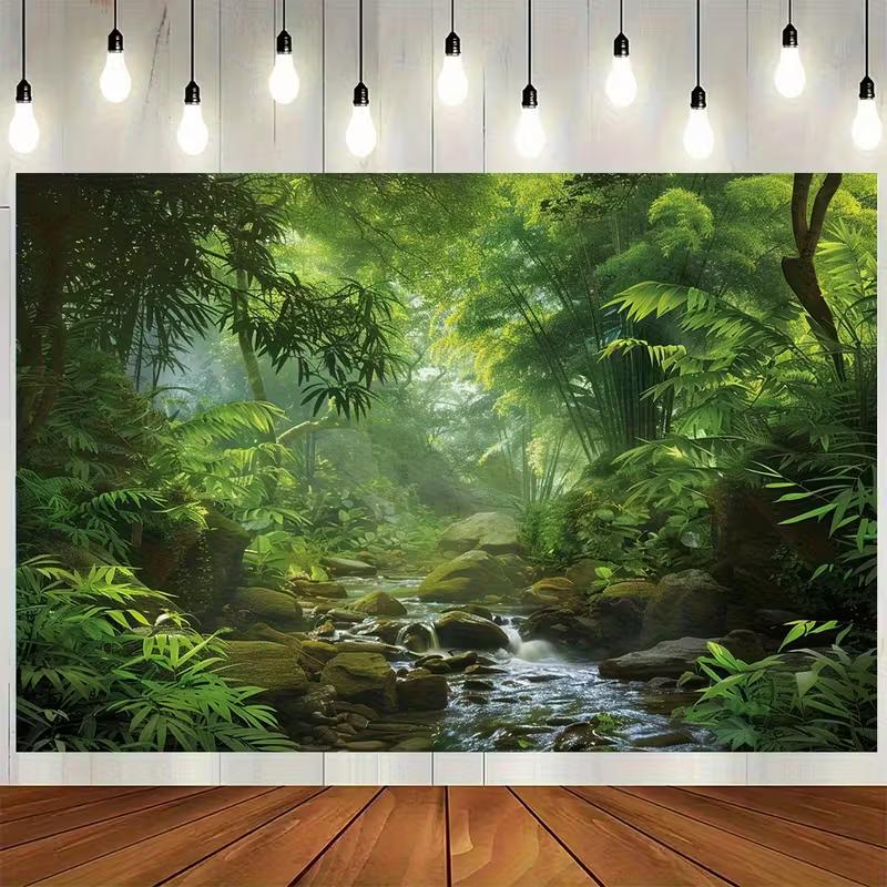 2D Grüner Dschungel Bach Natur Kulisse, Tropischer Regenwald Landschaft Foto Hintergrund für Party Dekoration