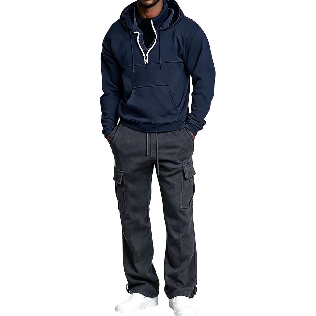 Completo da Uomo con Felpa con Cappuccio e Zip a Metà e Pantaloni Cargo, Outfit Casual in 2 Pezzi per l'Uso Quotidiano