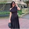 Elegant Pleated Dress For Women Fashion Street Short Sleeve Patchwork Long Dress Casual Office Lady Irregular Neck Robe
