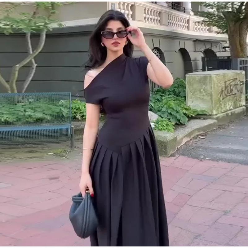 Elegant Pleated Dress For Women Fashion Street Short Sleeve Patchwork Long Dress Casual Office Lady Irregular Neck Robe