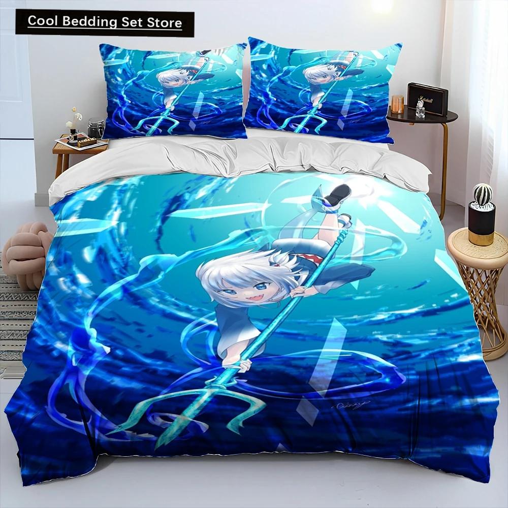 Comforter Cute Gawr Gura Hololive Anime Shark Comforter Bedding Set Bed Set King Queen Size Bedding Set