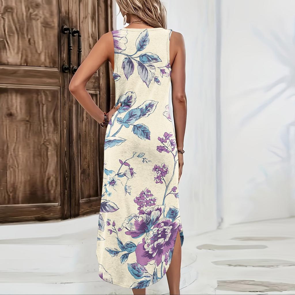 Women Sleeveless Floral Print Maxi Dress Casual Loose Fit Long Sundress Summer Lightweight Tank Style Beach Outfit