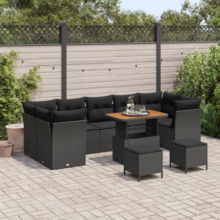 Ensemble de Canapé de Jardin de 10 Pièces avec Coussins Noir Poly Rattan Acacia, Ensemble de Salle à Manger de Jardin de 3 3361469