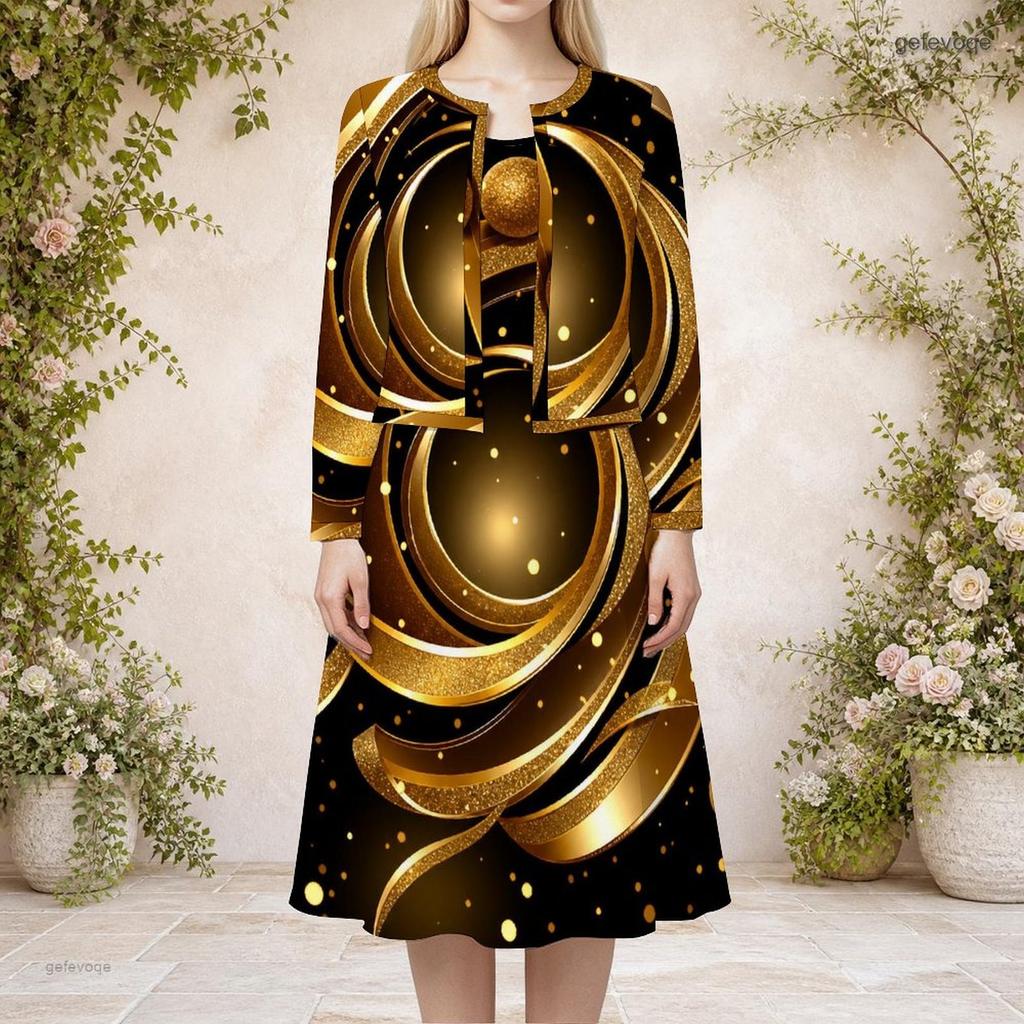 Women Plus Size Black Gold Printed Round Neck Long Sleeve Cropped Cardigan Two Piece Dress Set