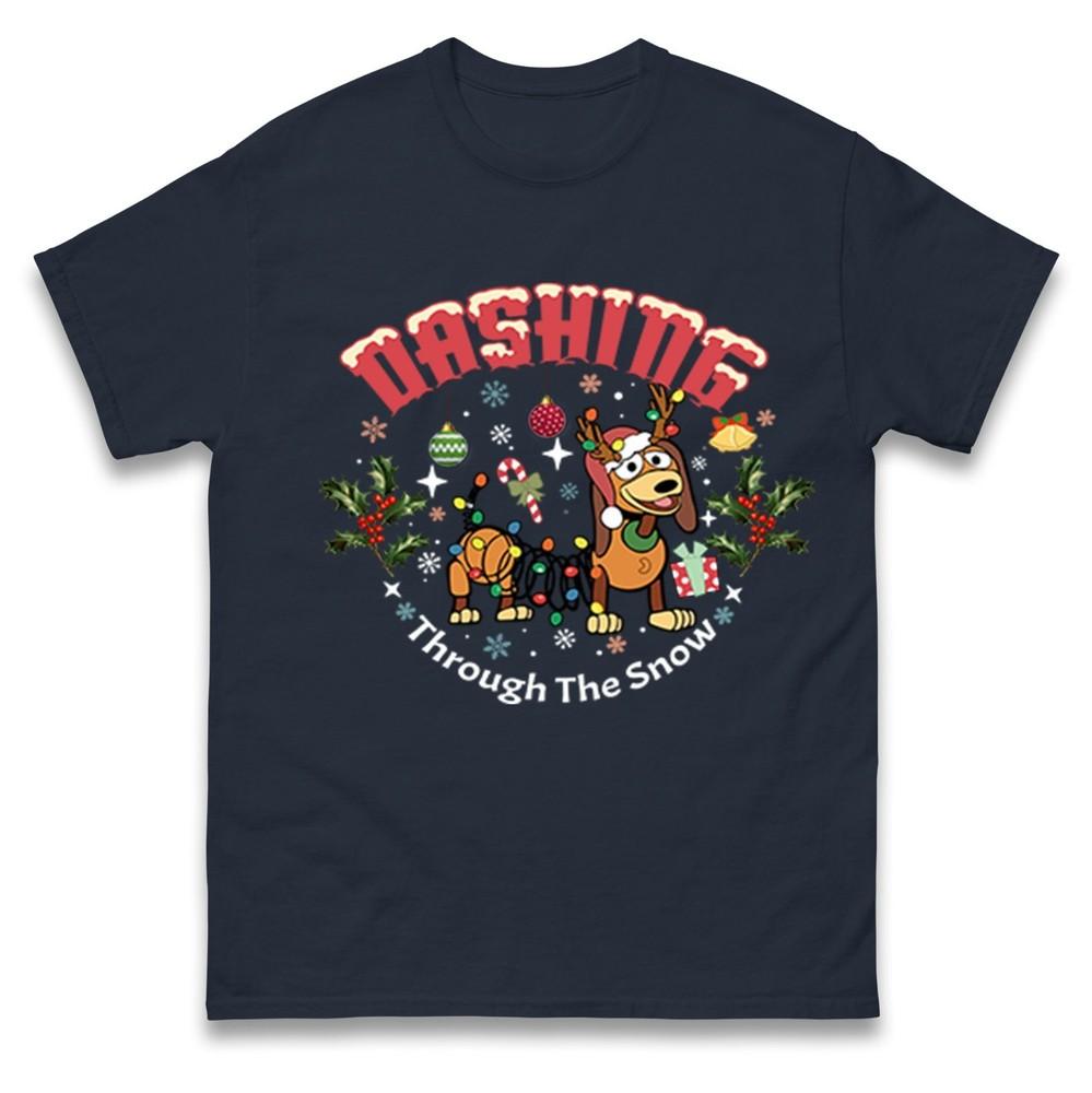 Dashing Through The Snow TShirt Christmas Dog Reindeer Funny Family Tee Top S