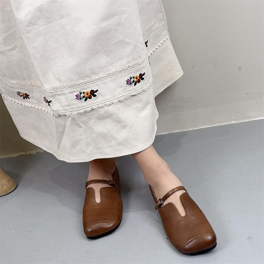 Johnature Square Toe Belt Buckle Soft Soled Shoes Genuine Leather Commuting Shallow Women's Flat Shoes
