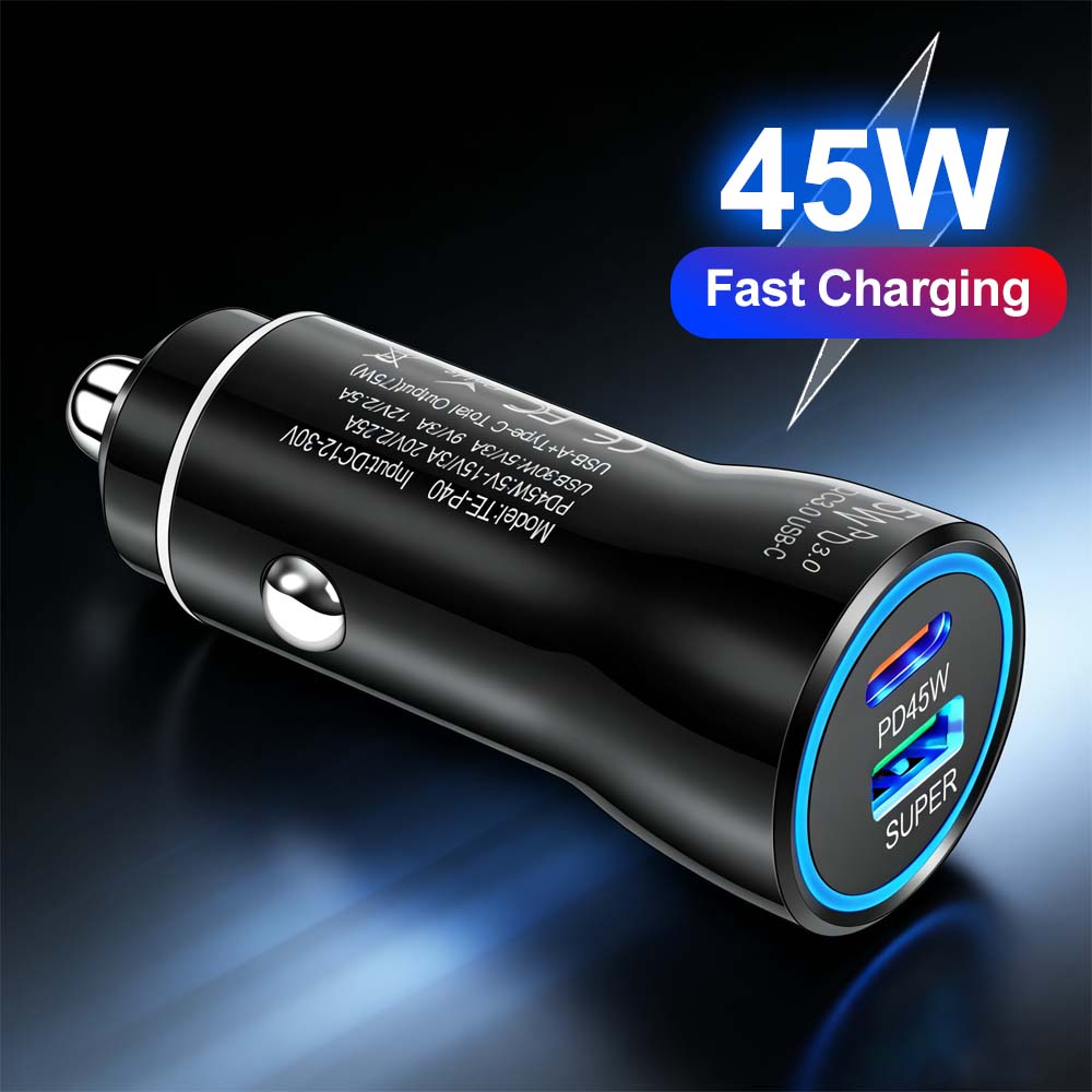 QC3.0 45W Car Charger USB Type C Dual Port Fast Charging Car Power Adapter Universal Phone For Samsung For iPhone Series ect.