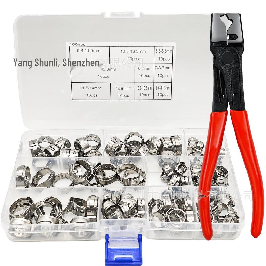 100-Piece Set: 304 Stainless Steel Single Ear Stepless Hose Clamps (5.3-15.3mm) with Pliers