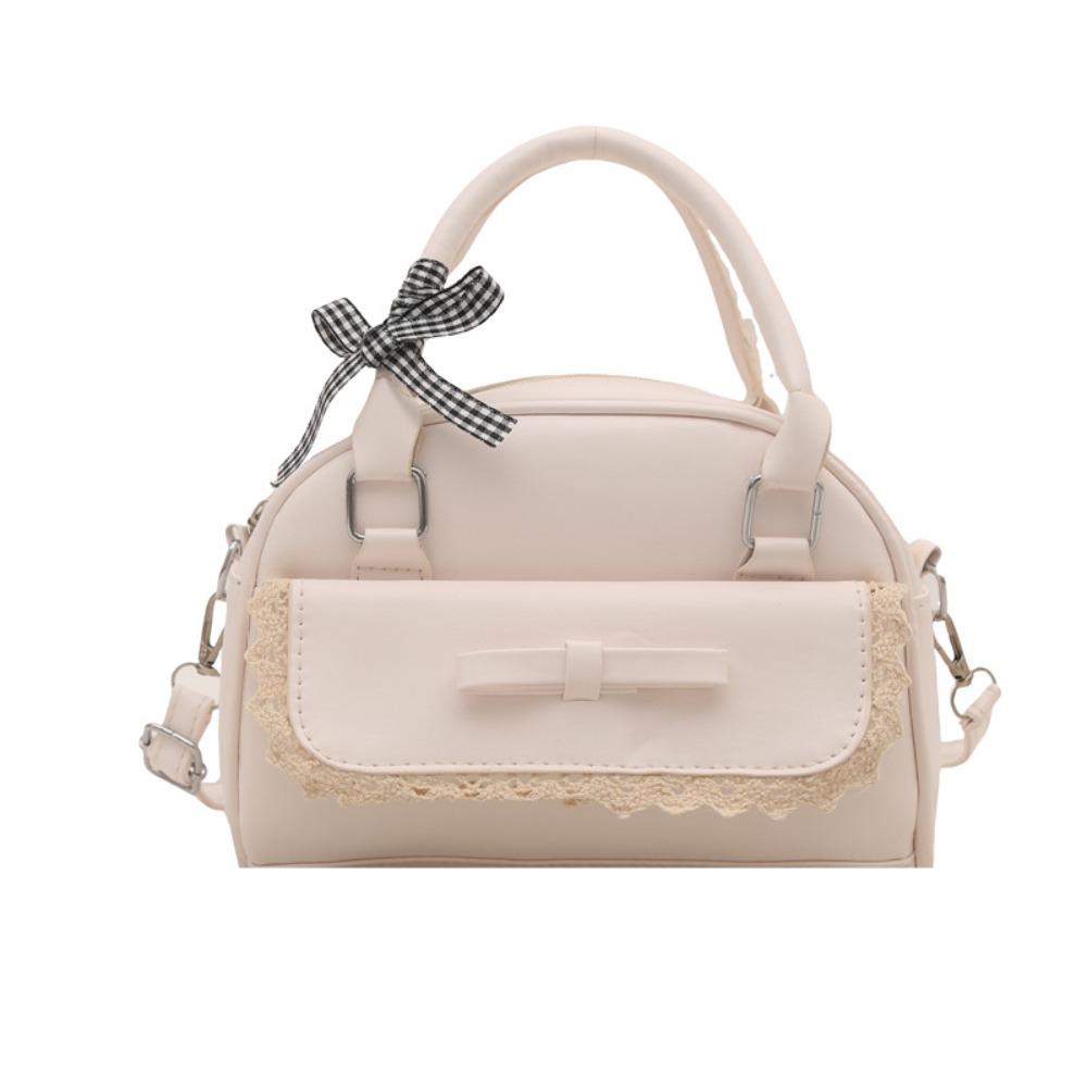 Lace Ribbon Boston Handbag PU Leather Bow Shoulder Bag Sweet Crossbody Bowling Bag  School