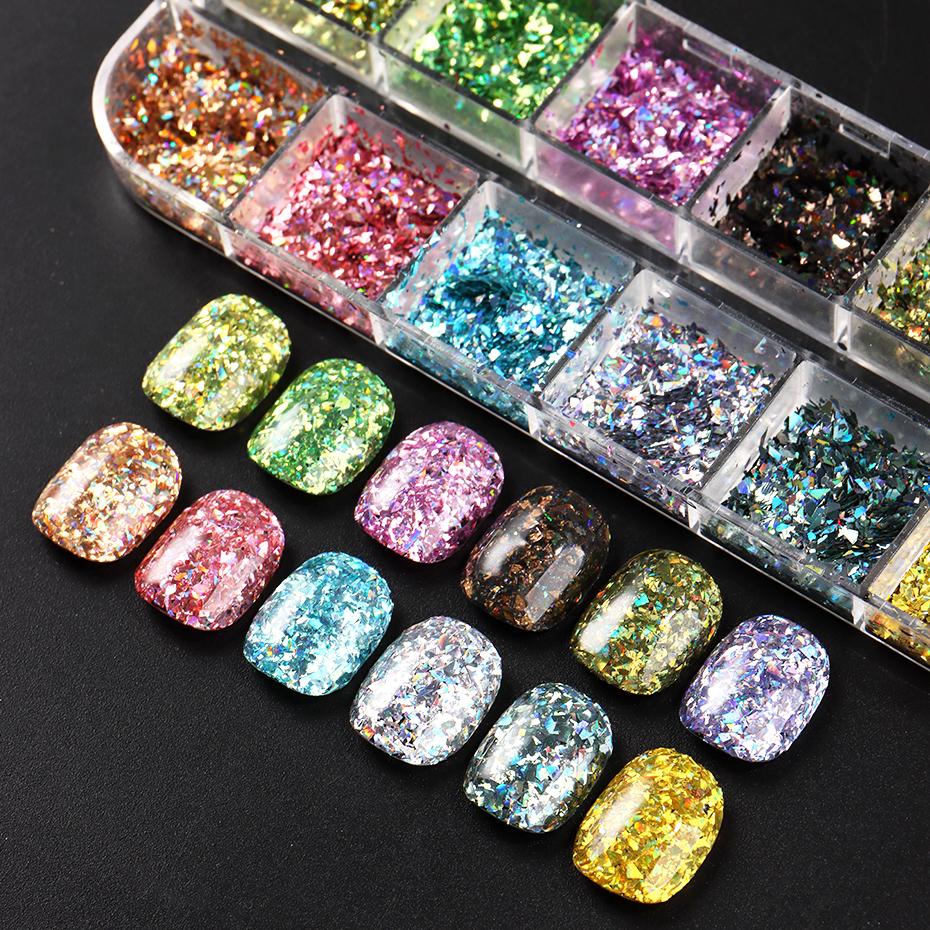 Xiaomi 12 Grids Holographic Glitter Nail Art Sequins Sparkly Irregular Nail Flakes Powder Nail Art Mermaid Makeup Manicure Decorations