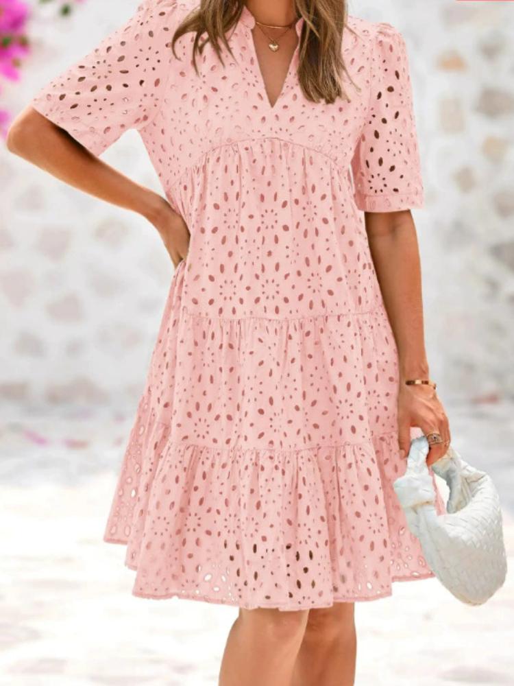 V-neck Short Sleeved Hollow Lace A-line Skirt Sweet Dress