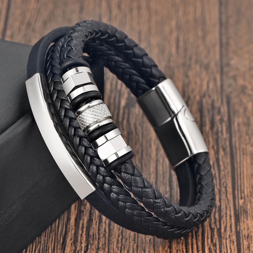 Leather Rope Cowhide Men's Double-layer Bracelet, Genuine Leather Woven Bracelet Jewelry Multi-layer Leather Bracelet