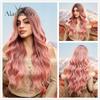 ALAN EATON Hairline Lace Wigs Ombre Brown Blonde Synthetic Long Wavy Wigs Dark Root  for Women Cosplay High Density Hair Wig
