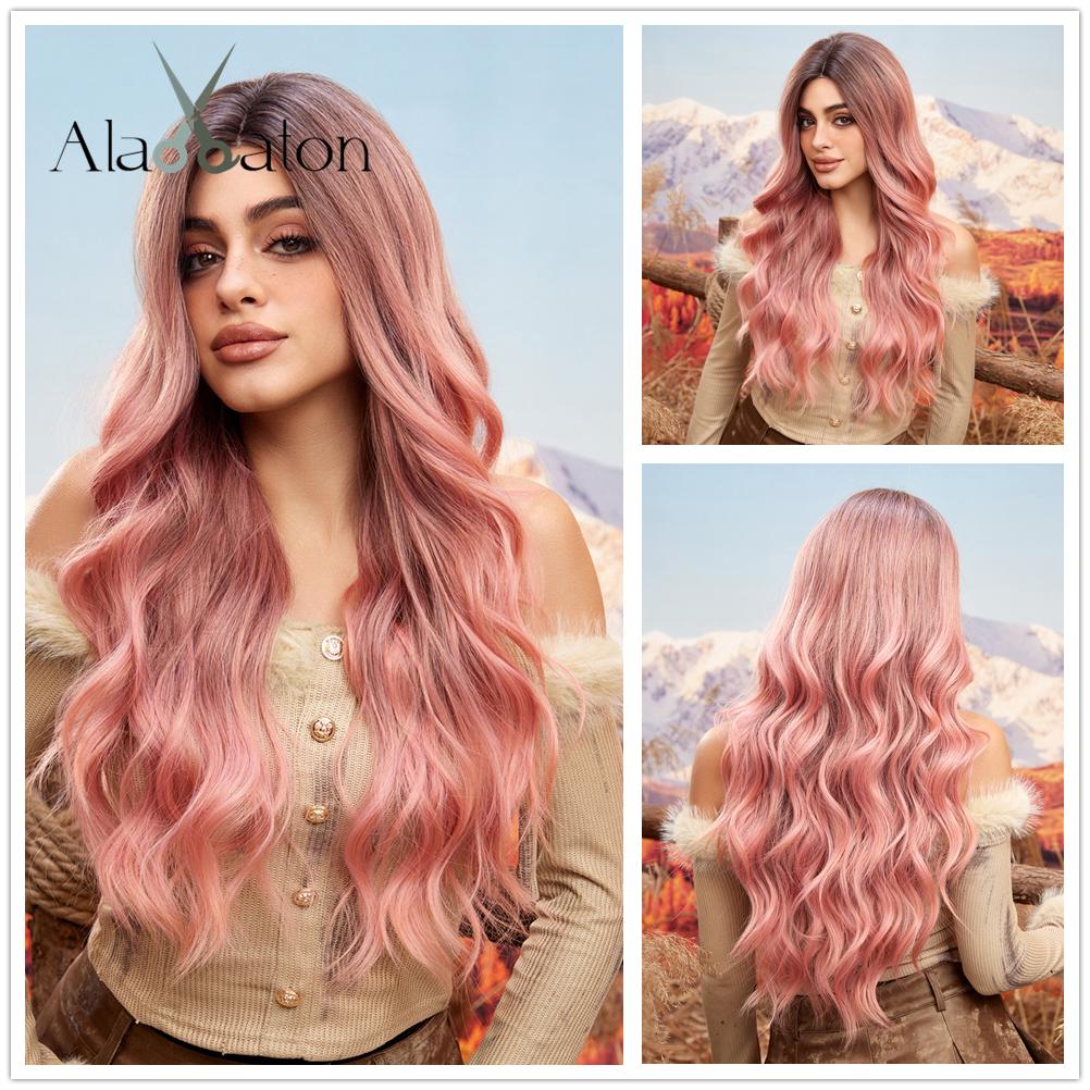 ALAN EATON Hairline Lace Wigs Ombre Brown Blonde Synthetic Long Wavy Wigs Dark Root  for Women Cosplay High Density Hair Wig