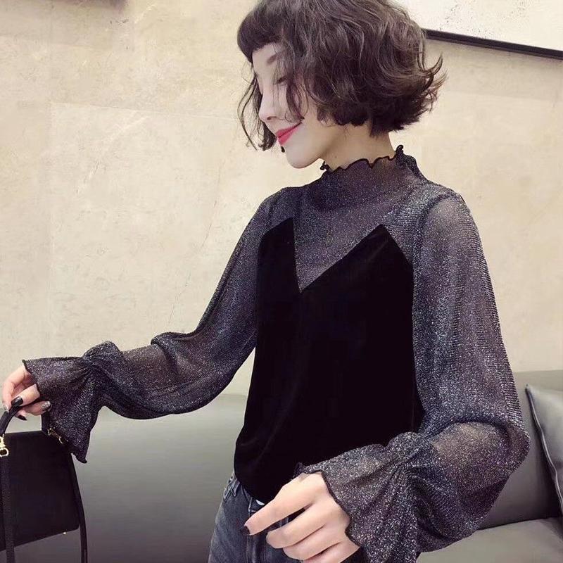 

Women s Slimming Patchwork Velvet Long Sleeve T-Shirt with Half-High Collar M (suitable for 40-50 kg) чёрный