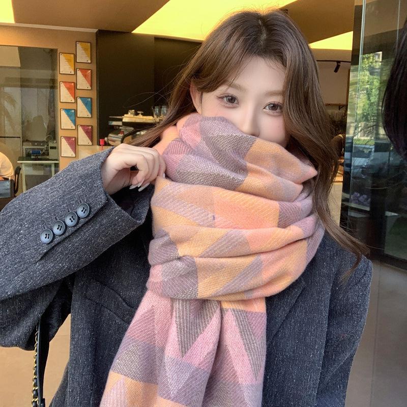 New Autumn and Winter Imitation Cashmere Colorful Wavy Plaid Scarf for Women Korean Version Sweet Warm Windproof Thick Scarf