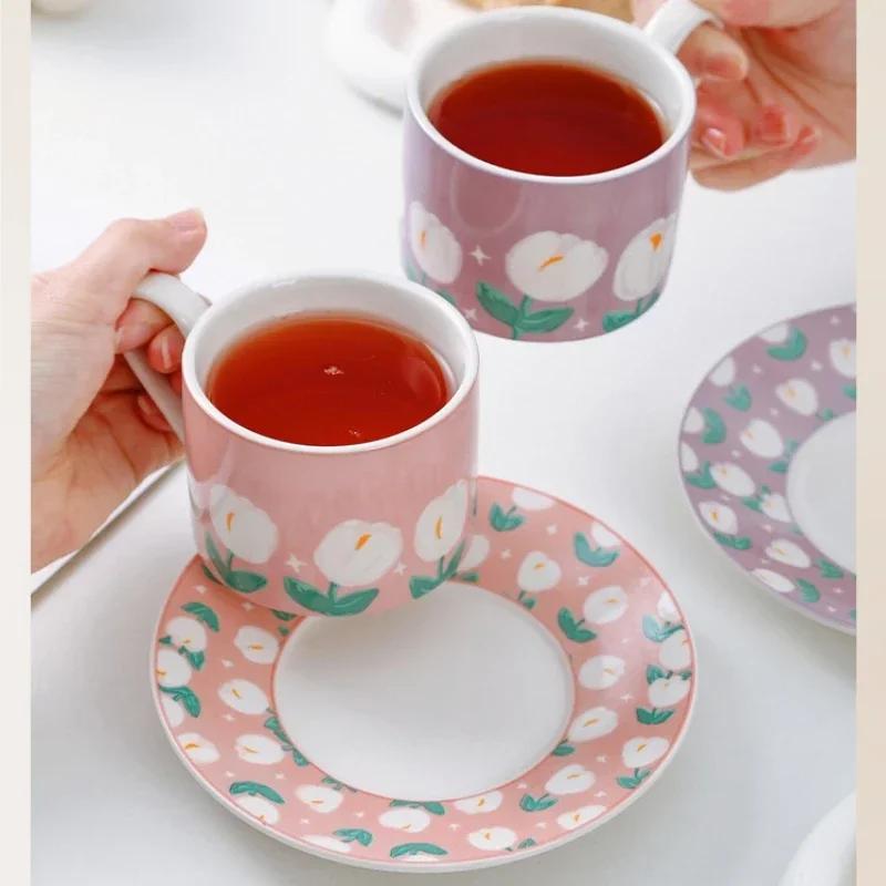 Ceramic Cup and Saucer Tulip Pattern Afternoon Tea Coffee Cup Set Breakfast Dessert Plate Milk Juice Mug Home Decoration Gifts
