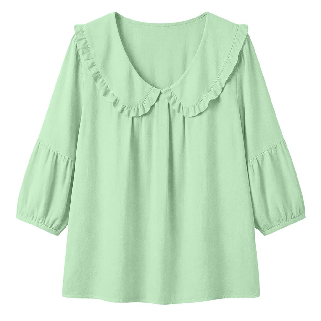 Women Casual Fashion Shirt Ruffle Trim 3/4 Sleeve Blouse Loose Fit Lightweight Top for Everyday Wear
