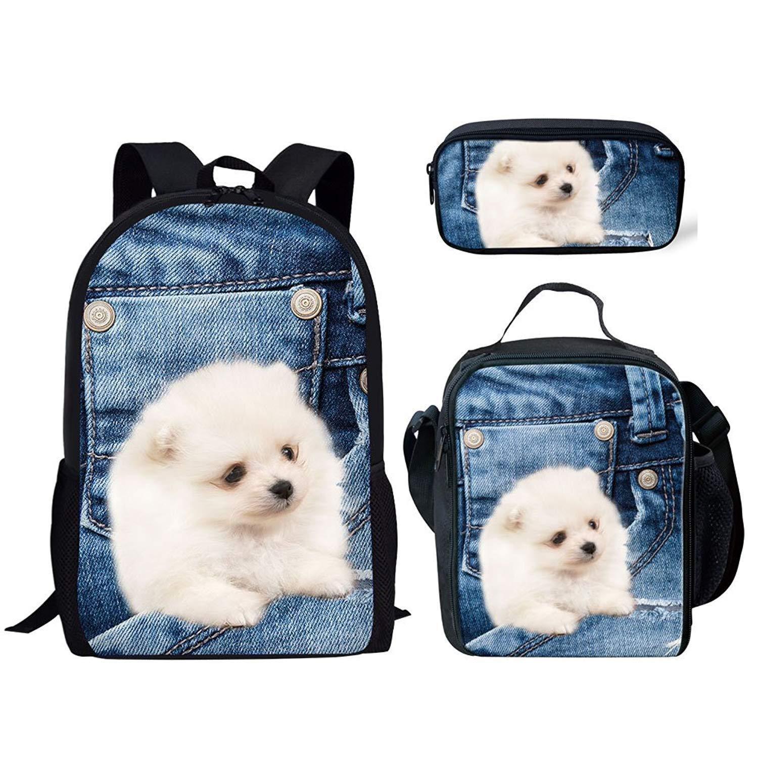 Klassiek Populair Nieuwigheid Denim Zak Kat/Hond 3D Print 3 stuks/Set leerling Schooltassen Laptop Dagrugzak Rugzak Lunchtas Etui