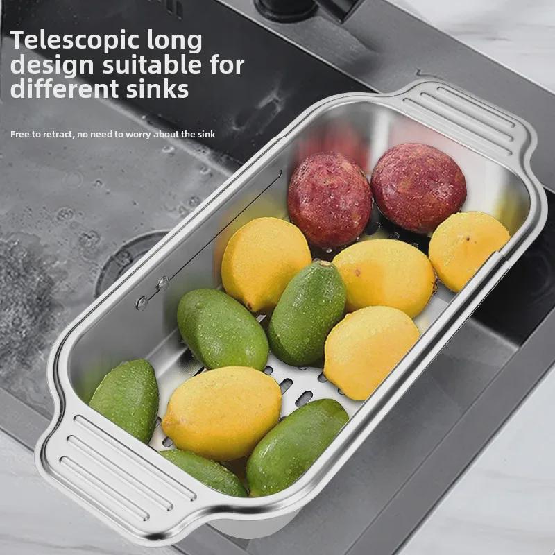 Universal 304 Stainless Steel Retractable Drain Basket for Sink - Rectangular, Thickened & Lengthened for Vegetable Washing