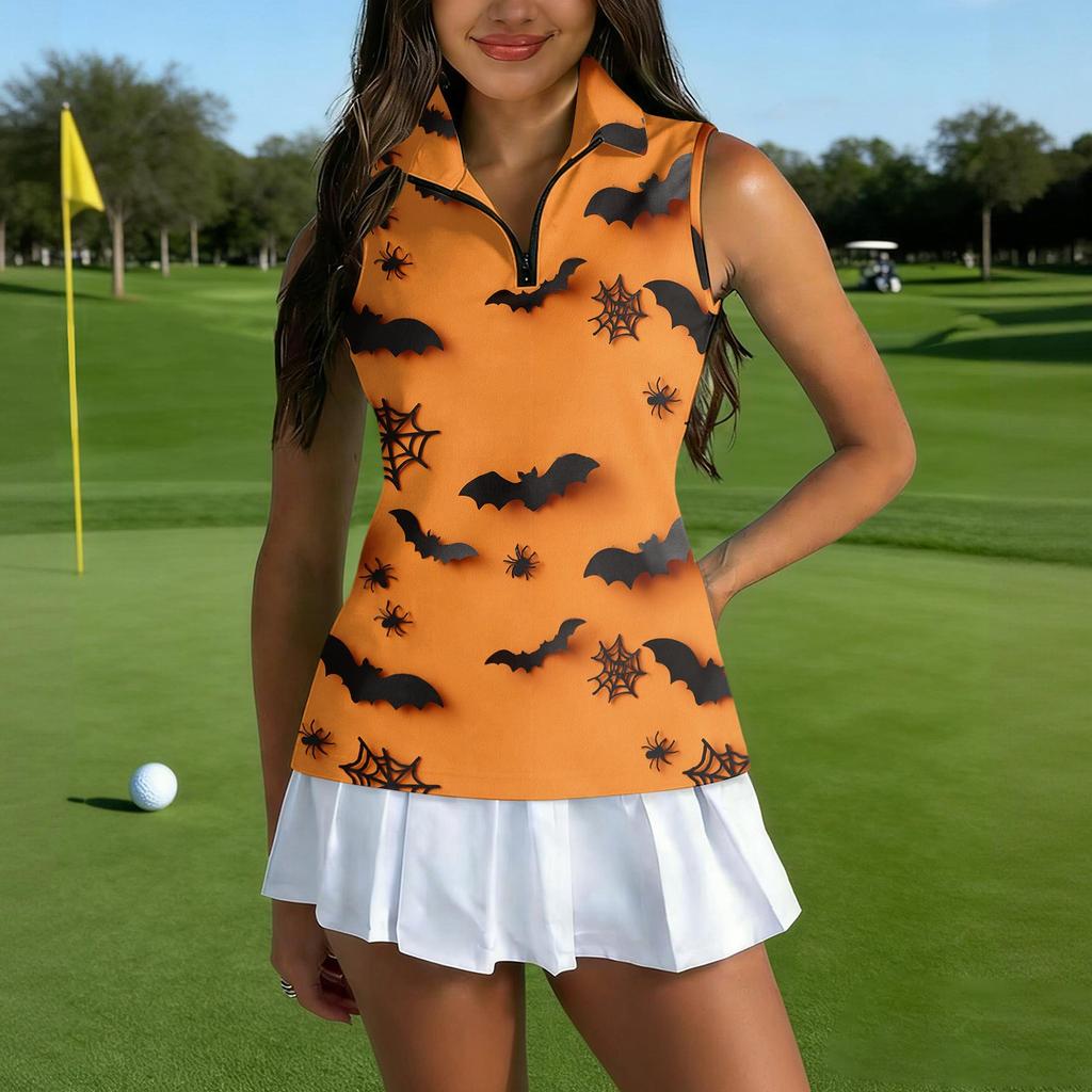 Women's Sleeveless Golf Shirt with Zipper and Halloween Print for Casual Sports Wear