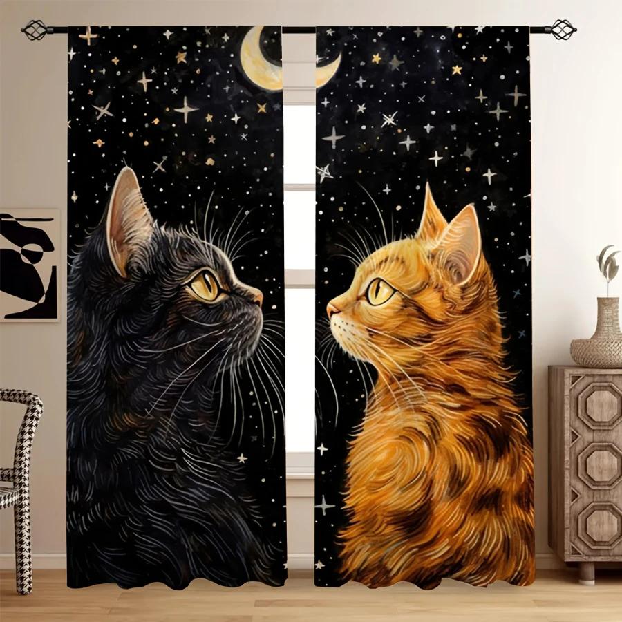 2pcs- Orange Cat Pattern Printed Curtains Under the Starry Sky, Bag-type Curtains, Home Decoration, Room Decoration