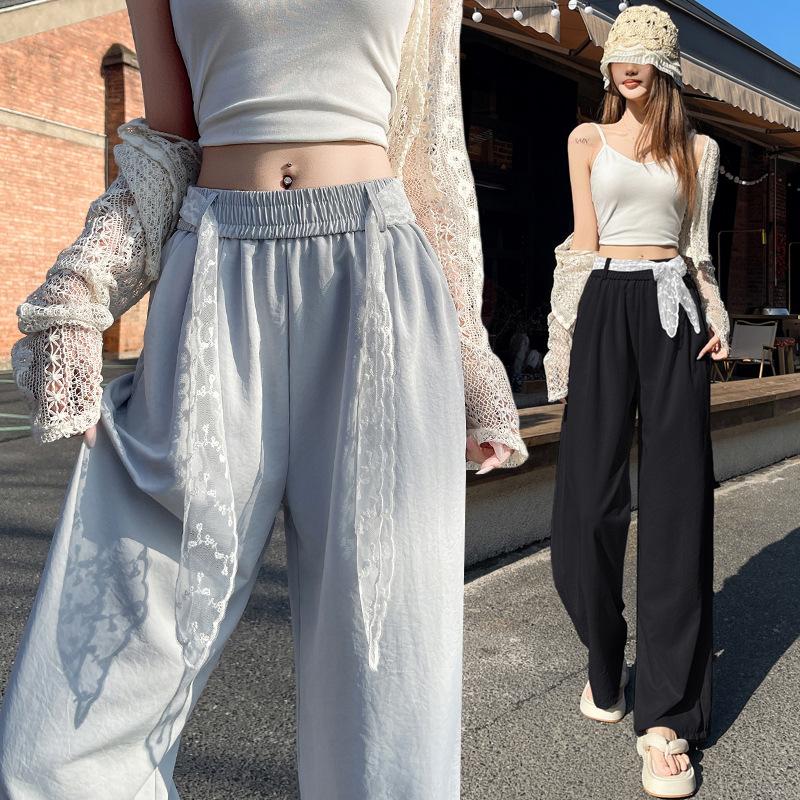 Lace Belt Wide-leg Pants for Women In Summer Ice Silk Cotton Linen High Waist Slimming Casual Lazy Straight-leg Pants