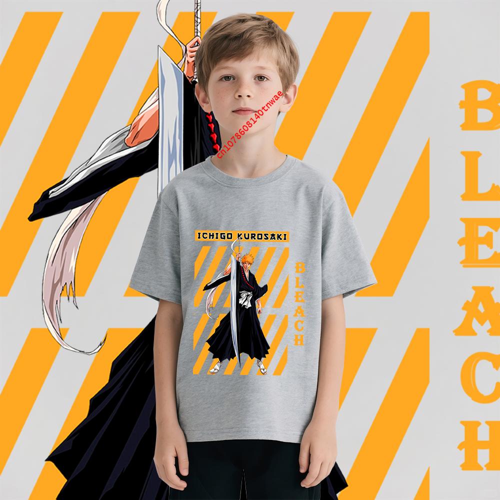 Bleach Ichigo Kurosaki Anime Print Cotton T Shirt for Boys Cartoon T shirts Kids Short Sleeve Tee Childrens Clothing