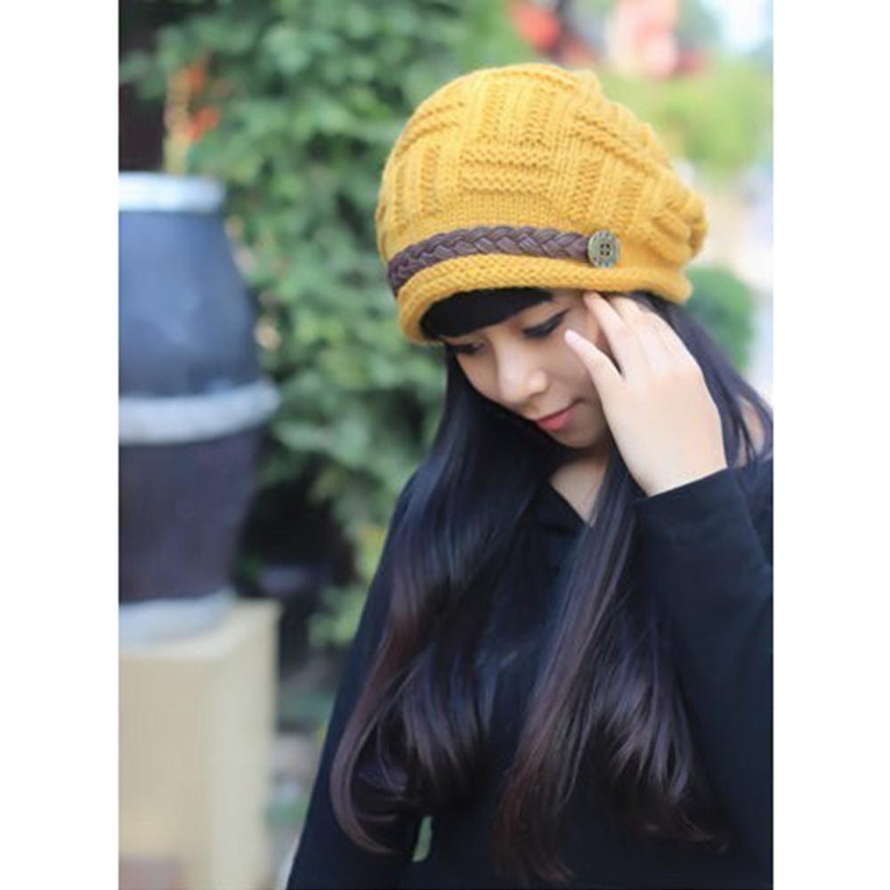 Women Winter Knitted Braided Beanie Hats Cabled Checker Pattern Hat Beret Slouchy Button Leather Belt Cap