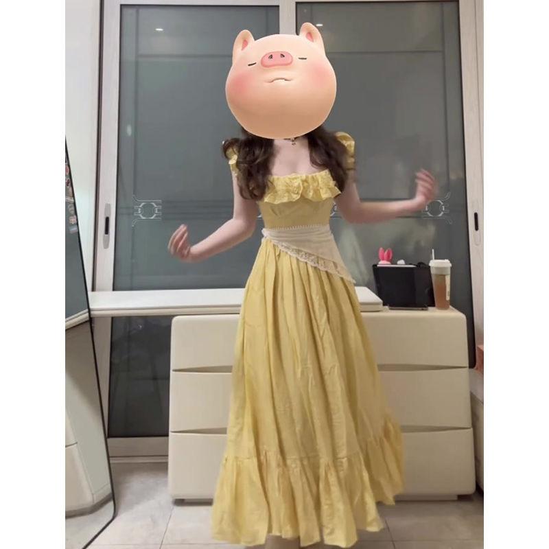 On the Run Princess Skirt Waist Temperament Premium French Sweet Yellow Xiaofei Sleeve Dress Women's Summer New