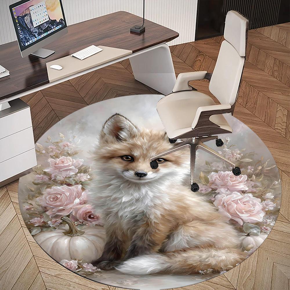 1pc Fox Flowers Round Chair Mat Area Rug - Non-Slip, Floor Mat for Office, Bedroom, and Indoor Decor-1002323