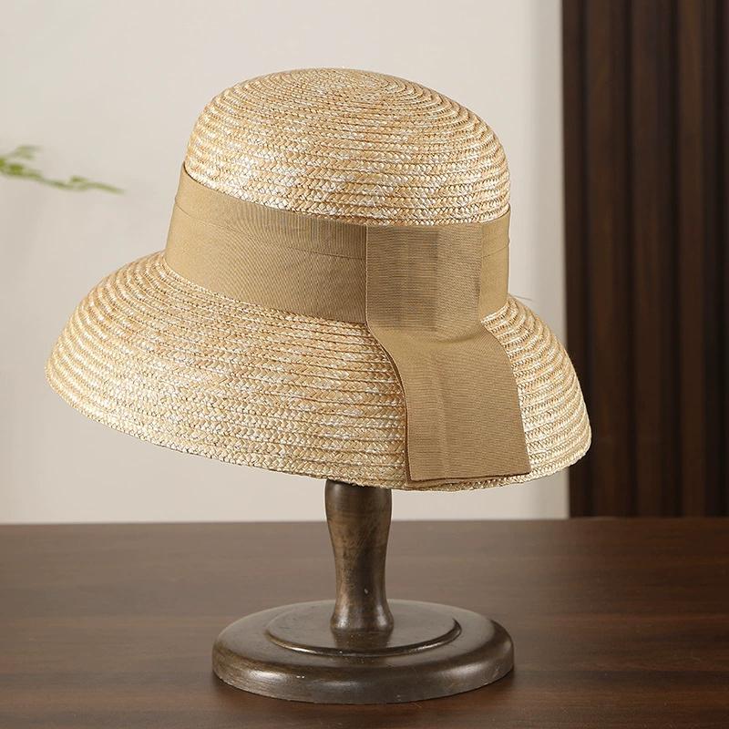 French Hepburn Style Straw Hat for Men and Women Hand-woven Natural Wheat-colored Ribbon Decorated Sun Hat Beach Wedding Hat