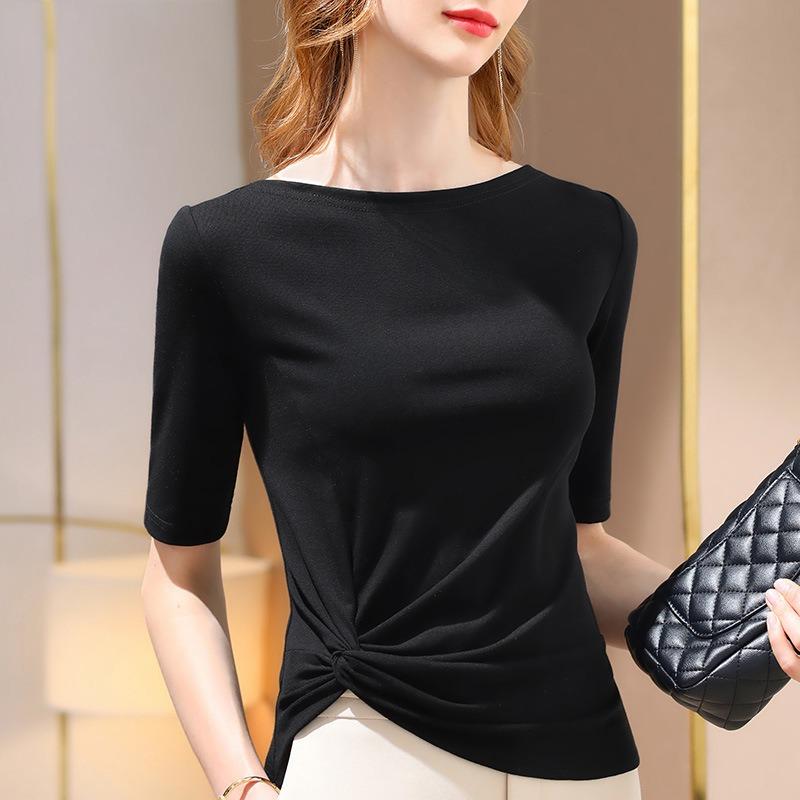 Medium-sleeved short-sleeved t-shirt women's spring and summer new women's clothing temperament one-word shoulder cotton t-shirt pleated waist top