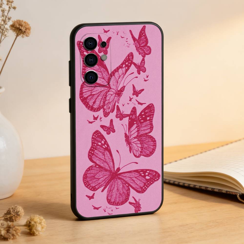 Pink Butterfly Pattern Phone Case Black Silicone Soft For Samsung S25,S24,S21,S22,S23,S30,Ultra,S20,Plus,Fe,Lite