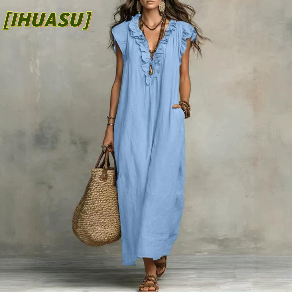 IHUASU Moda Estate Primavera Colore Solido Stampa Senza Maniche Scollo a V Abiti Casual Design Unico