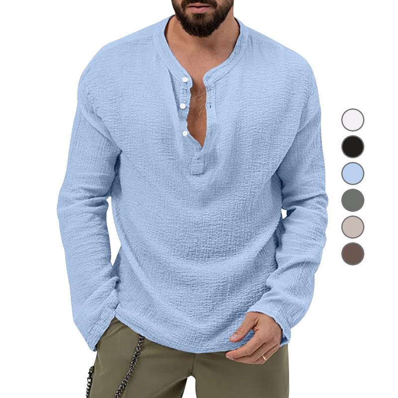 New Autumn Long Sleeve T-shirt Men's Loose Button V-neck Top