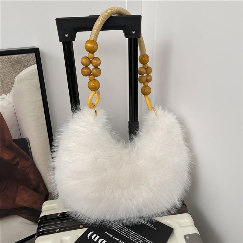 Winter Unique Plush Shoulder Bags for Women Large Capacity Ladies Beaded Design Handbags Solid Color Girls Faux Fur Hobos Bag