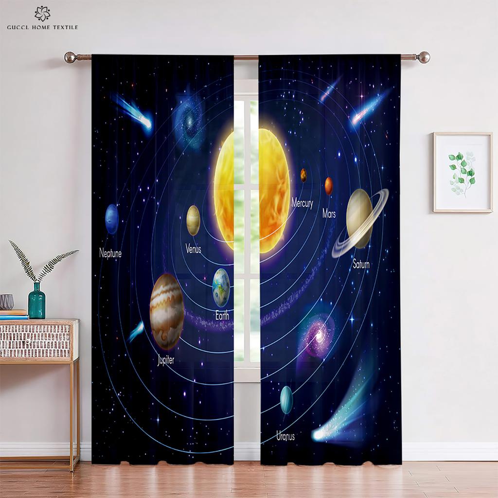 Custom Cartoon Animation Window Drapes, Universe Star Pattern, Bedroom, Living Room, Kitchen Decorative Curtains, 2 Pieces