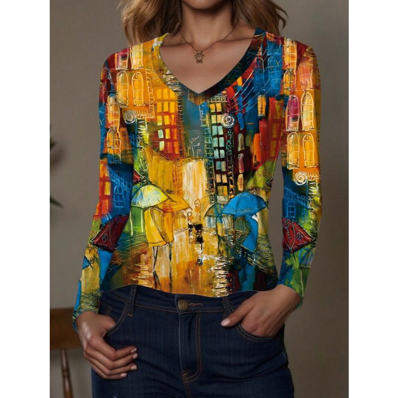 Damen 3D Retro Floral Print V-Ausschnitt Langarmshirt Schlankmachender Polyesterstoff Frühling und Herbst Lässiger Stil Oberteil