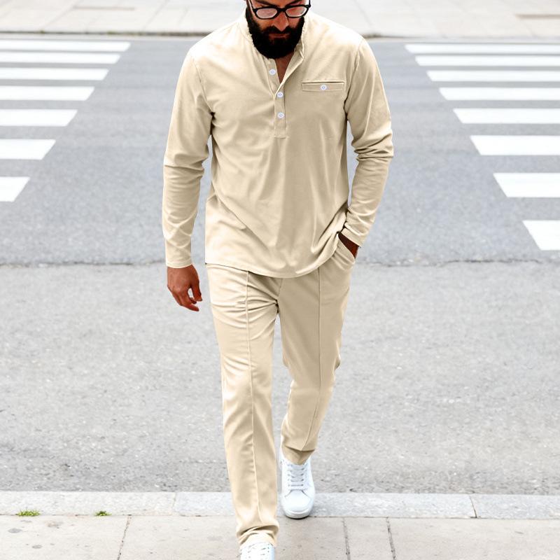 

Spring and Autumn Men s Loose Retro Simple Commuting Casual Henley Shirt Long Sleeve Pants Suit S