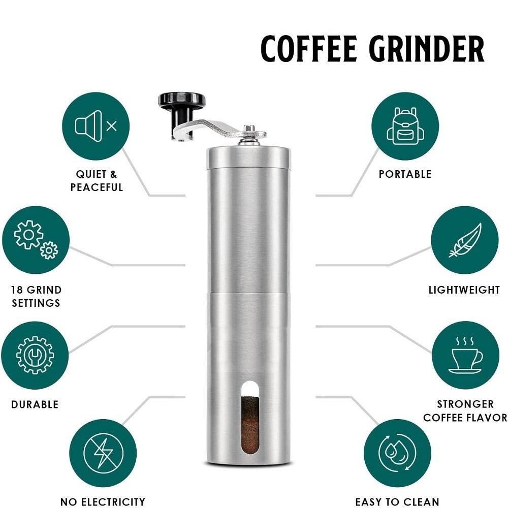 Camping Portable Stainless Steel Manual Coffee Grinder Adjustable Grind Settings