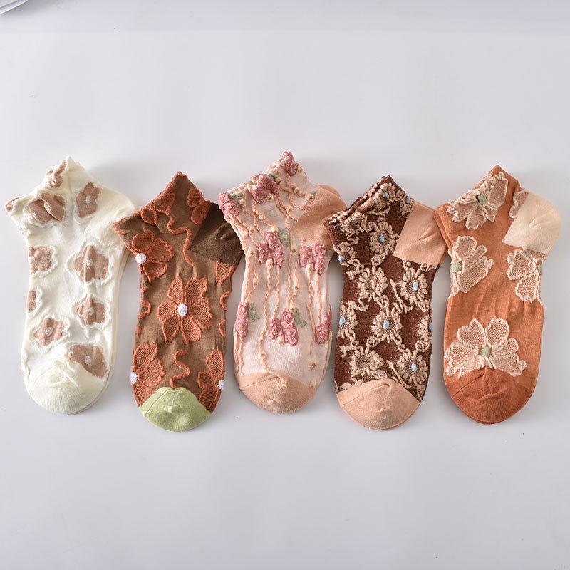5 Paar Sommer Damen Socken Shree-Dimensional Relief Kurze Socken Flache Bootssocken Retro Stil